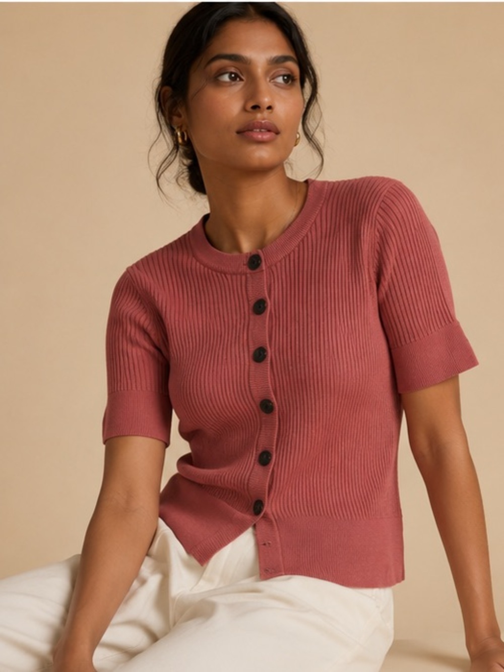 Varley Ribbed Knit Cardigan Sweater Pink Short Sleeve Large